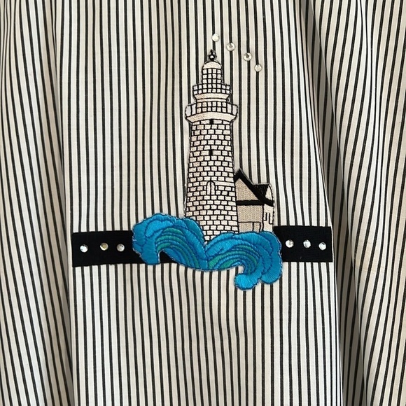Black and White Striped  Nautical Long Sleeve Blouse With Lighthouse Appliqué  M - Picture 5 of 9